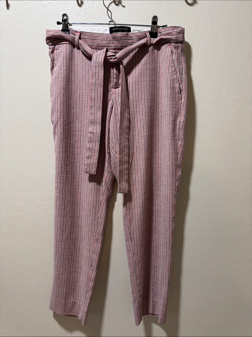 Banana Republic Pink and White Striped Tie-Waist Ankle Pants